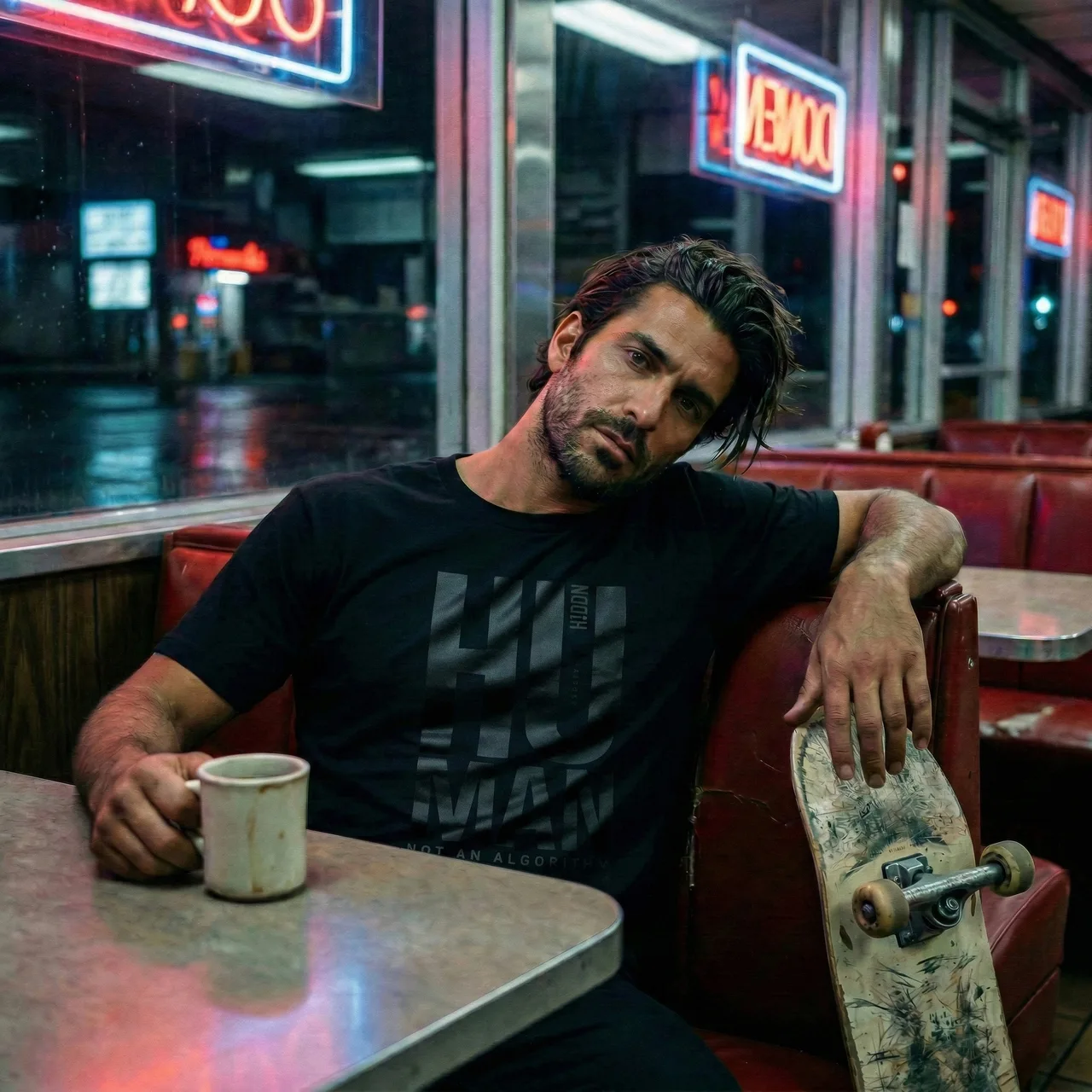Human T-shirt worn in a neon-lit diner, with a skateboard and coffee