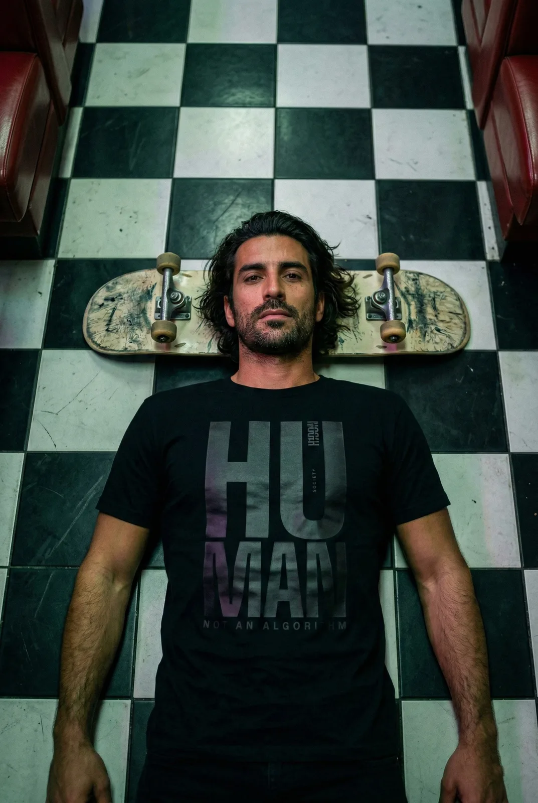 Person wearing a H1DDN shirt on a monochrome tiled floor